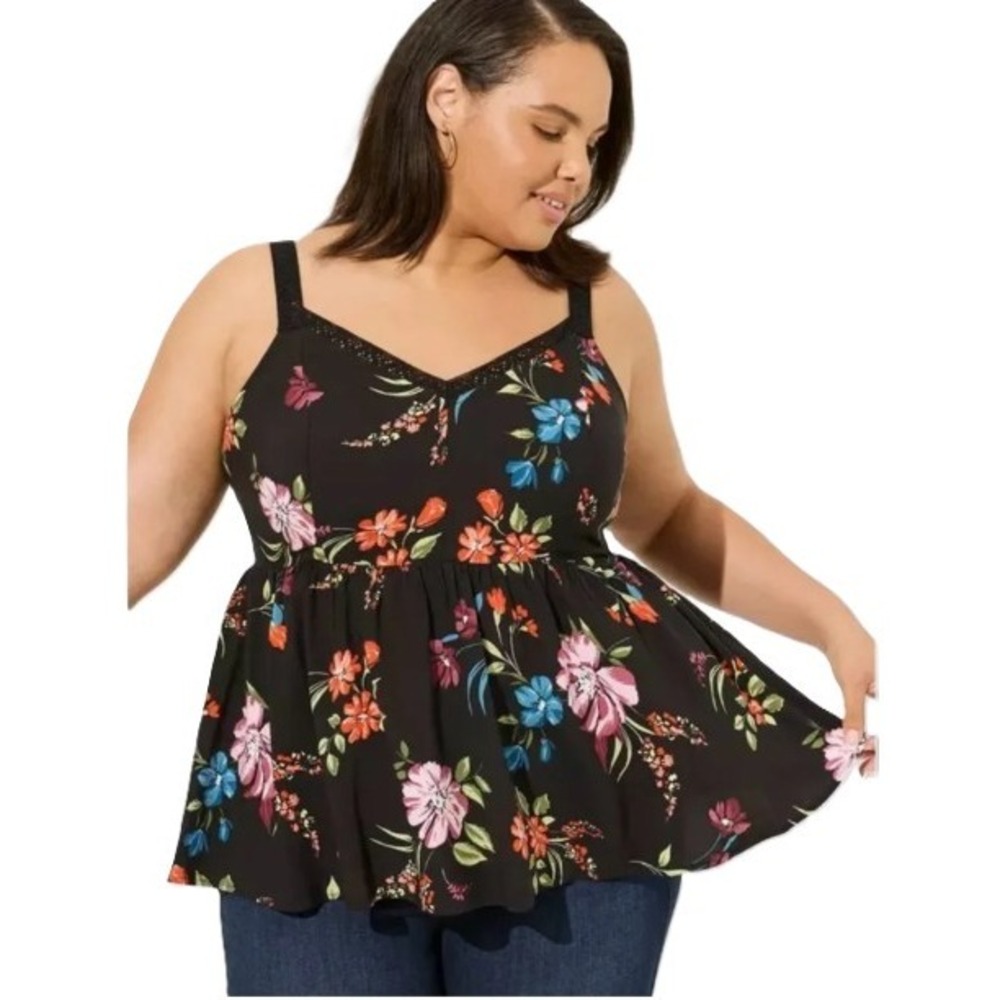 Torrid Peplum Washable Challis Lace Trim Tank Party Floral Deep Black 00 M/L 10